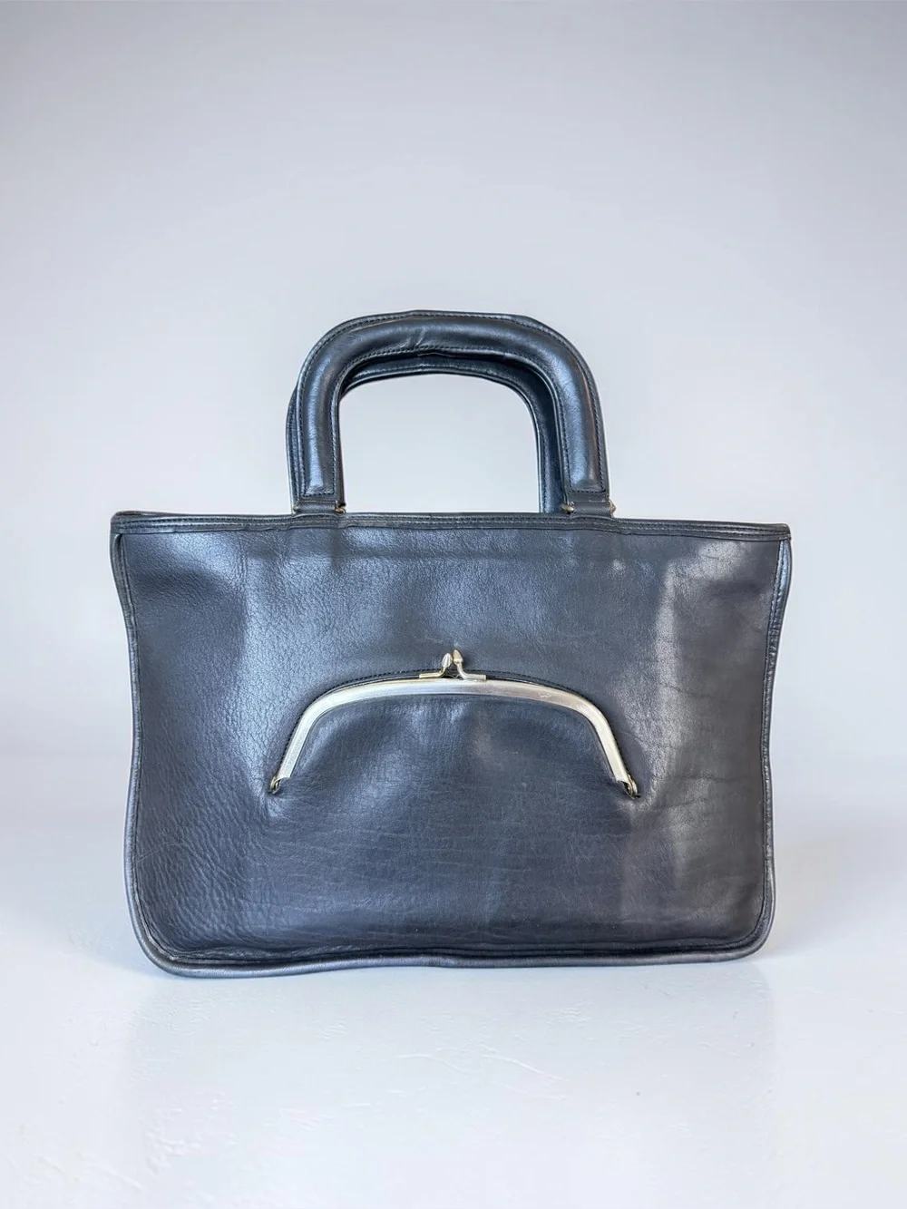 Vintage Coach Watermelon Kisslock Bag Black Leather Pre-Creed 70s Bonnie Cashin